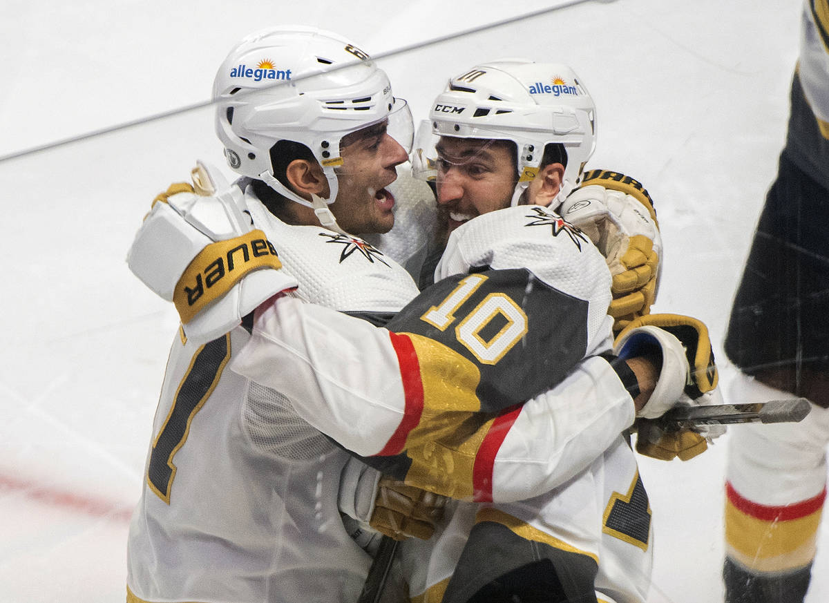 Vegas Golden Knights' Nicolas Roy (10) celebrates his game-winning goal against the Montreal Ca ...