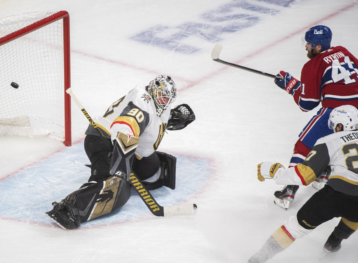 Montreal Canadiens' Paul Byron (41) scores against Vegas Golden Knights goaltender Robin Lehner ...