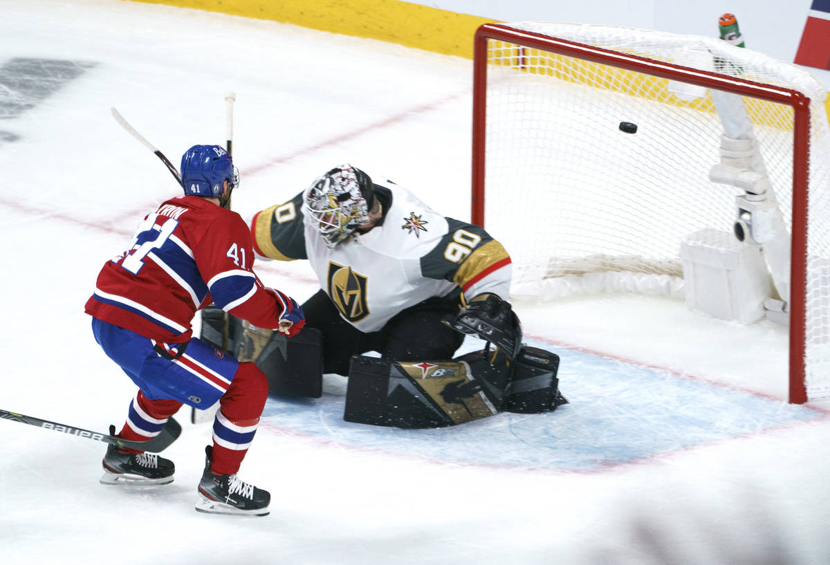 Montreal Canadiens' Paul Byron scores past Vegas Golden Knights goaltender Robin Lehner during ...