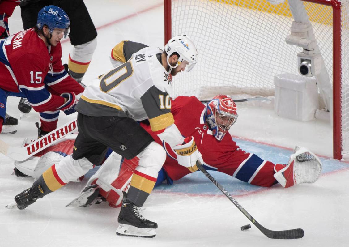 Vegas Golden Knights' Nicolas Roy scores against Montreal Canadiens goaltender Carey Price duri ...