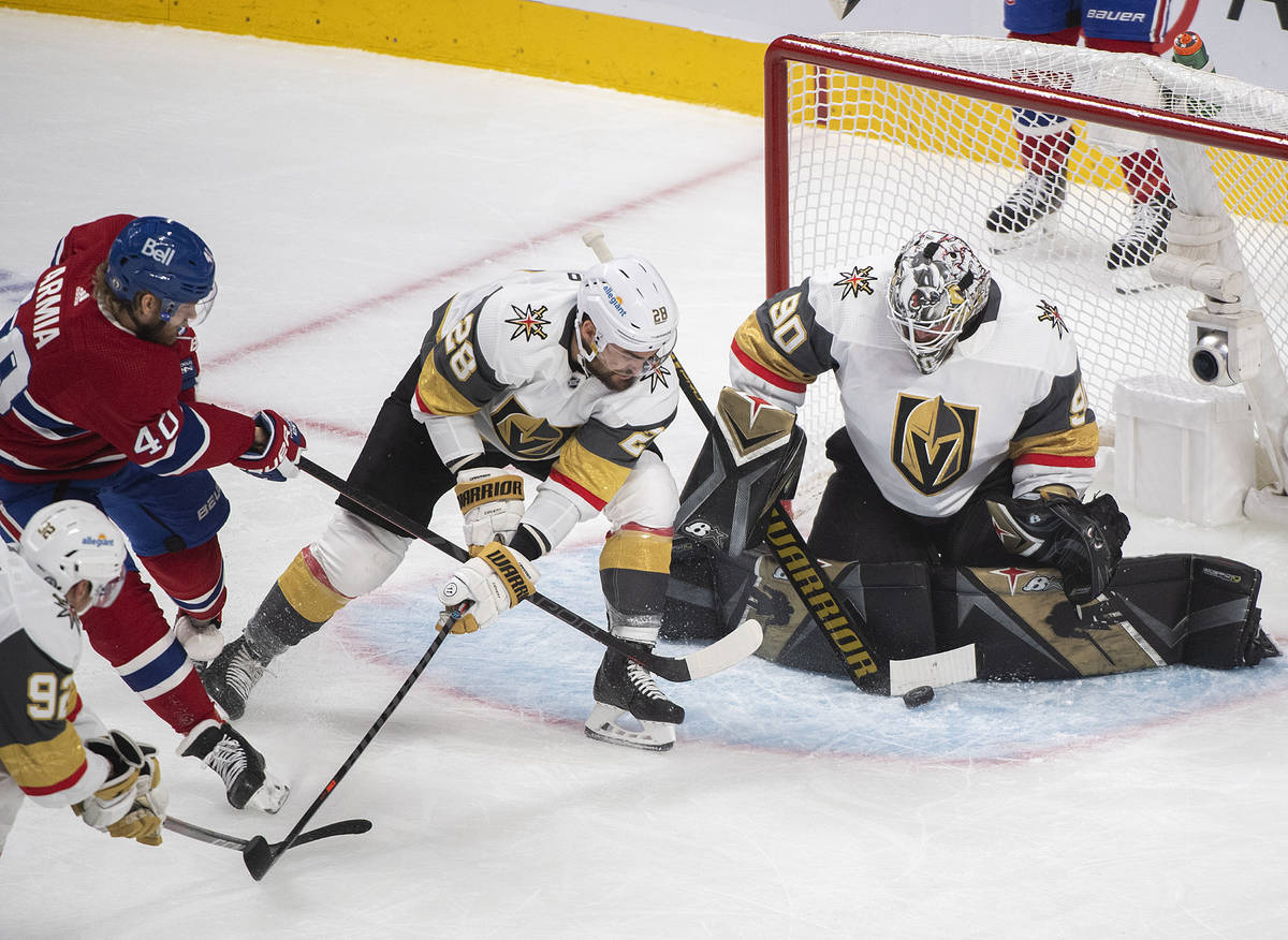 Montreal Canadiens' Joel Armia (40) shoots against Vegas Golden Knights goaltender Robin Lehner ...