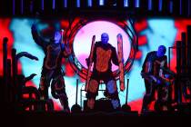 The Blue Man Group performs during a full dress rehearsal at the BMG Theater at the Luxor in La ...