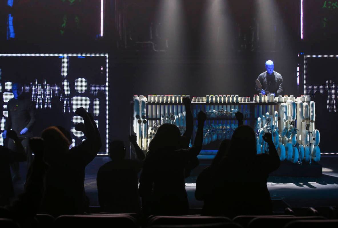 The Blue Man Group performs during a full dress rehearsal at the BMG Theater at the Luxor in La ...