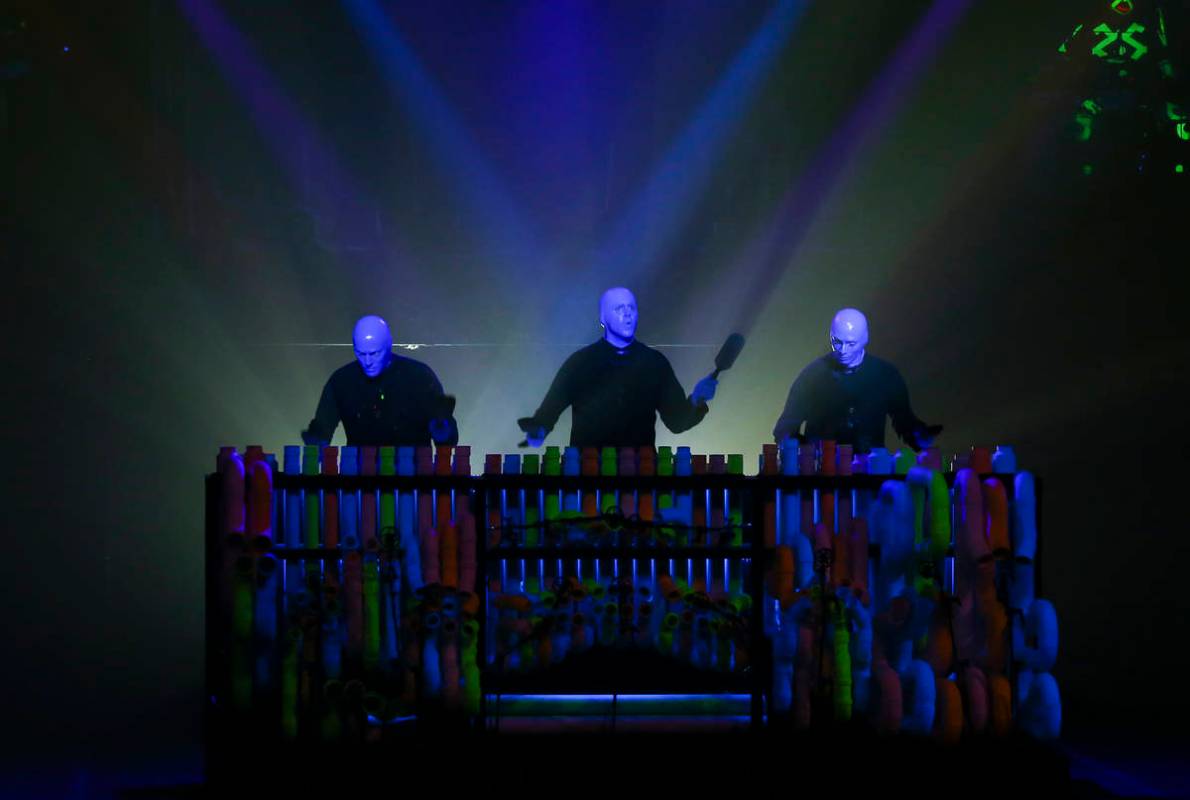 The Blue Man Group performs during a full dress rehearsal at the BMG Theater at the Luxor in La ...