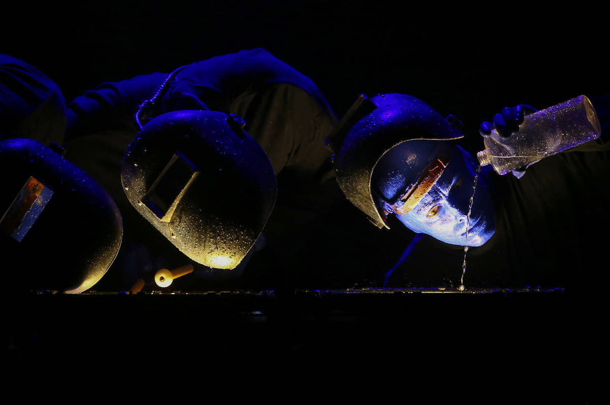 The Blue Man Group performs during a full dress rehearsal at the BMG Theater at the Luxor in La ...