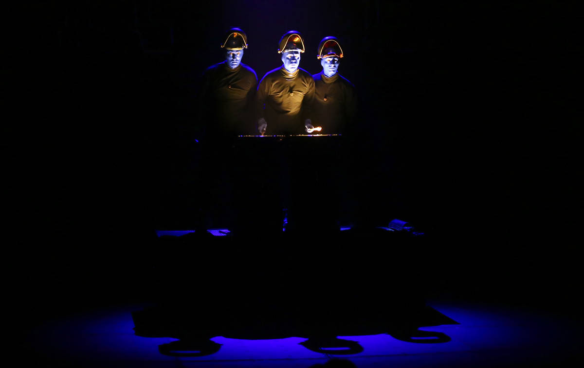 The Blue Man Group performs during a full dress rehearsal at the BMG Theater at the Luxor in La ...