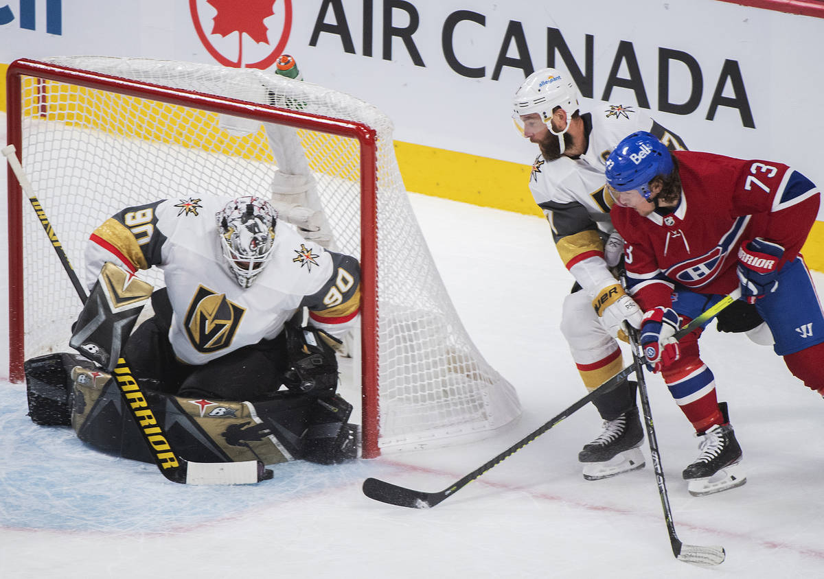 Montreal Canadiens' Tyler Toffoli (73) moves in against Vegas Golden Knights goaltender Robin L ...