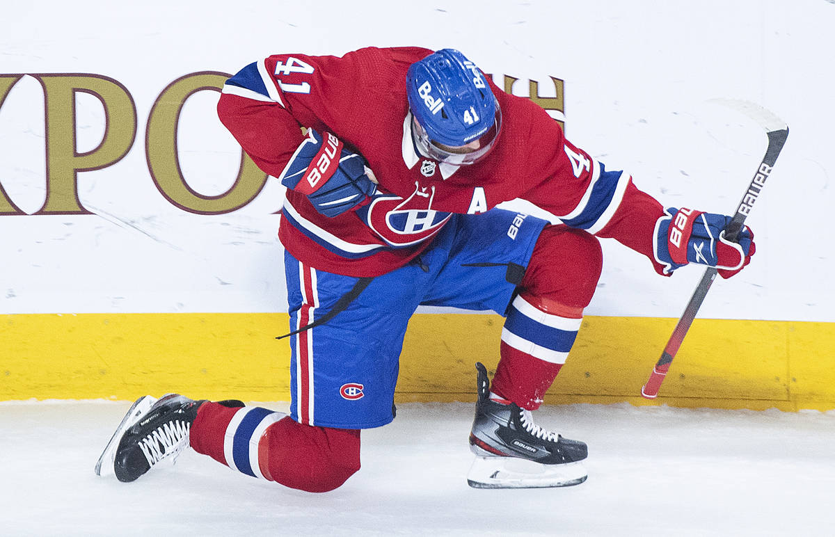 Montreal Canadiens' Paul Byron (41) celebrates his goal against the Vegas Golden Knights during ...