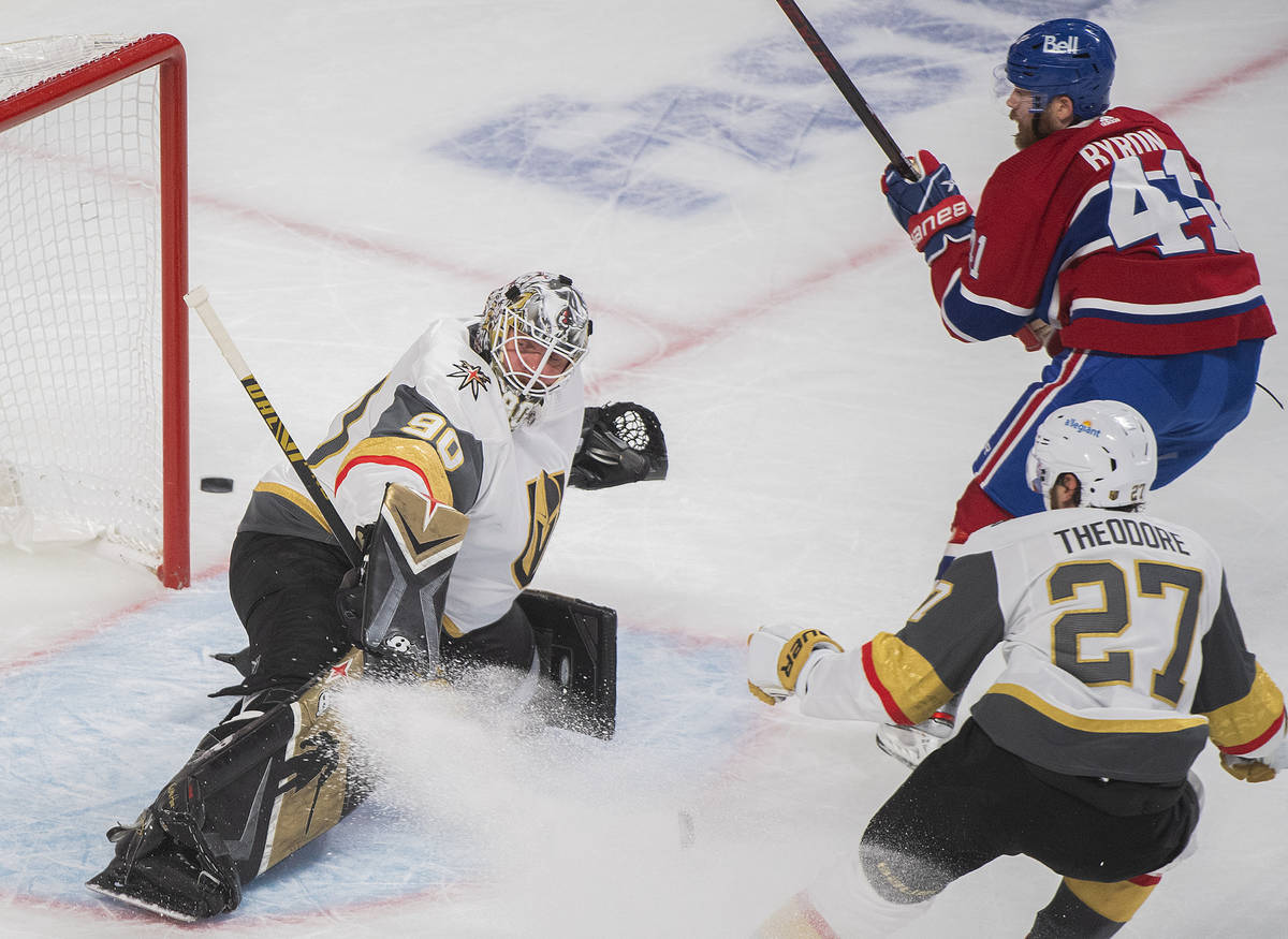 Montreal Canadiens' Paul Byron (41) scores against Vegas Golden Knights goaltender Robin Lehner ...