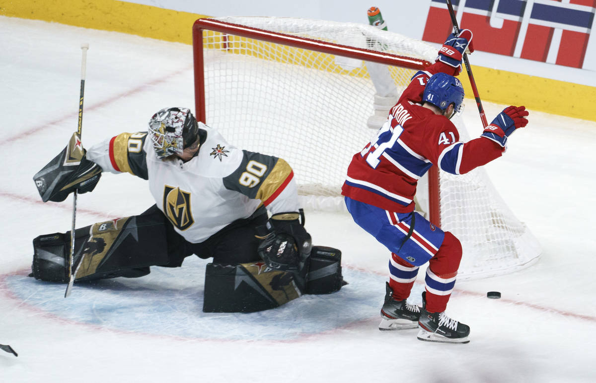 Montreal Canadiens' Paul Byron celebrates his goal as Vegas Golden Knights goaltender Robin Leh ...