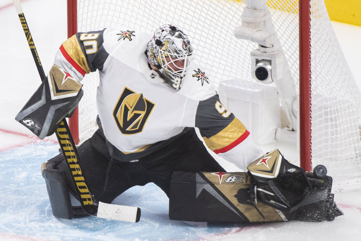 Vegas Golden Knights goaltender Robin Lehner makes a save against the Montreal Canadiens during ...