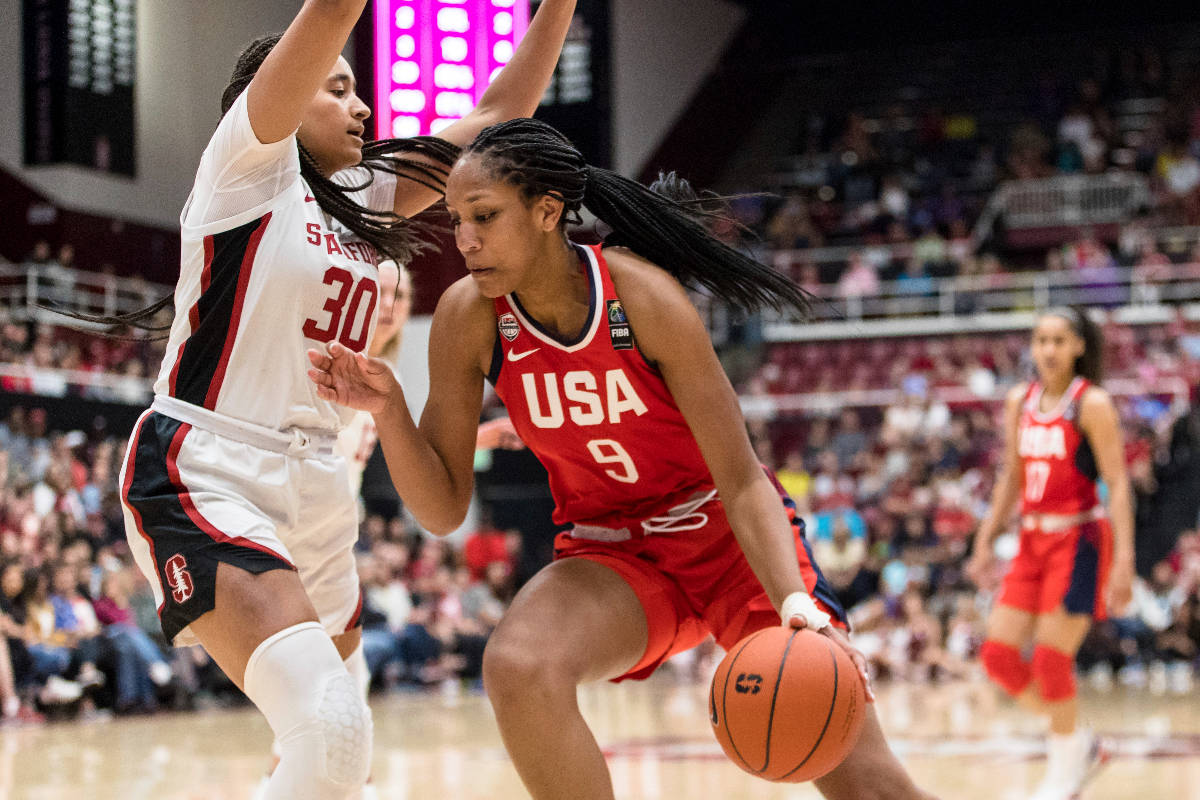 U.S. forward A'ja Wilson (9) dribbles as Stanford guard Haley Jones (30) defends in the third q ...