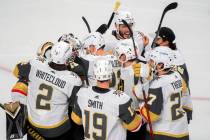 Vegas Golden Knights' Nicolas Roy celebrates his game-winning goal against the Montreal Canadie ...