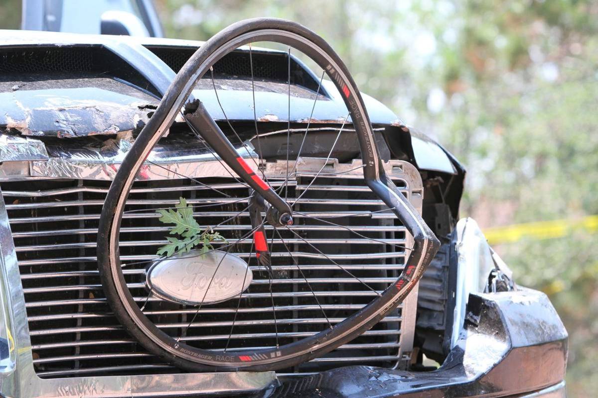 This photo shows a pickup truck which ran over a group of cyclists in Show Low, Ariz., on Satur ...