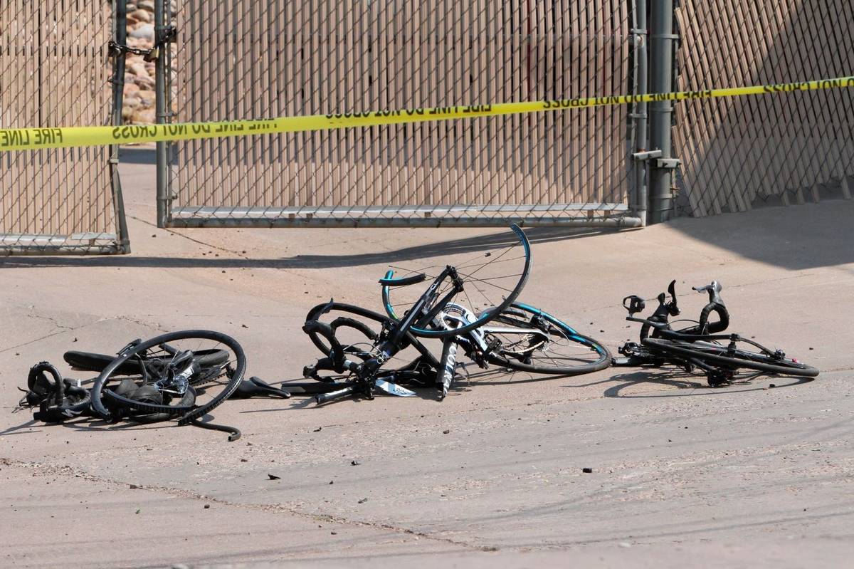This photo shows the scene of an accident with broken bicycles in Show Low, Ariz., on Saturday, ...