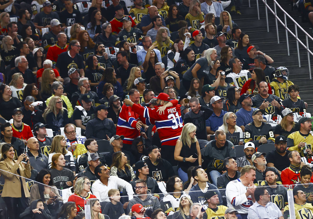 Montreal Canadiens fans celebrate after the team scored agains the Golden Knights during the fi ...