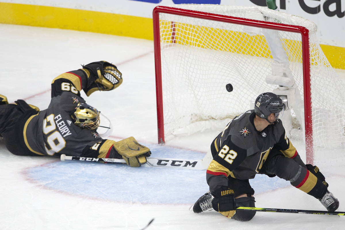 Golden Knights goaltender Marc-Andre Fleury (29) dives and misses the save while Golden Knights ...