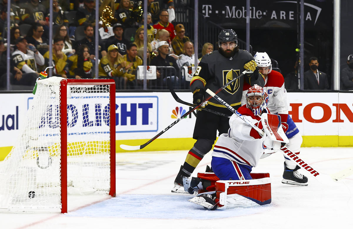 Golden Knights' Max Pacioretty, not pictured, scores a goal past Montreal Canadiens' goaltender ...