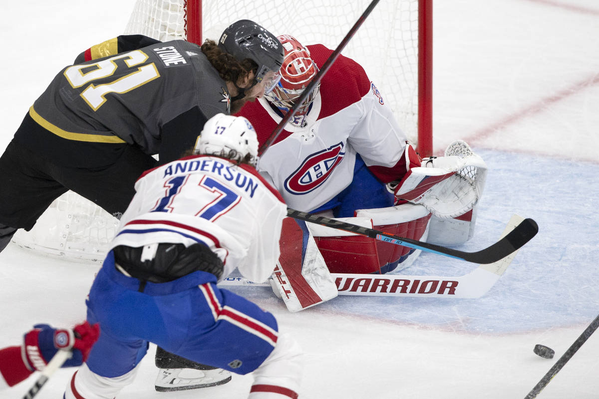 Golden Knights right wing Mark Stone (61) attempts a goal on Canadiens goaltender Carey Price ( ...