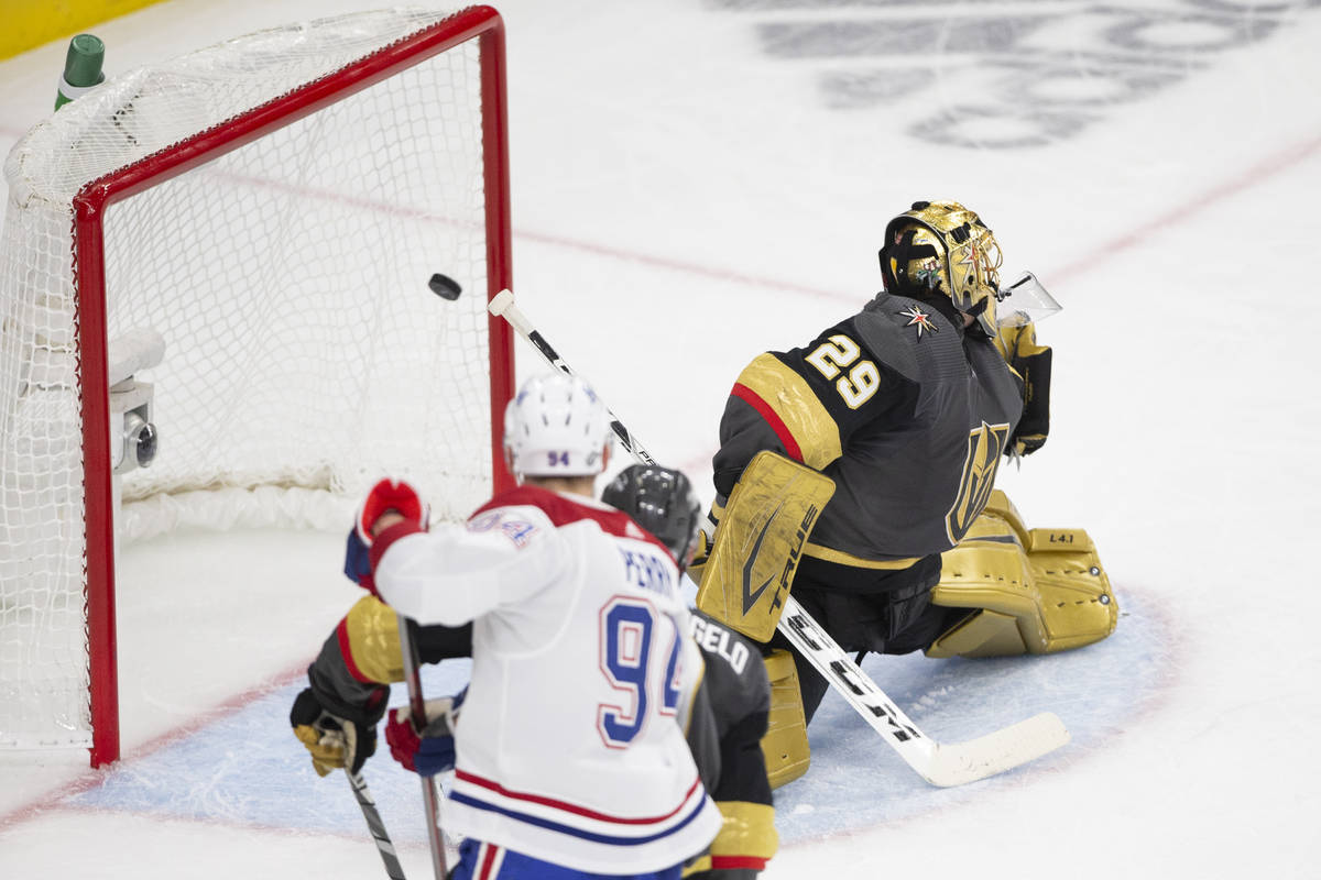 Golden Knights goaltender Marc-Andre Fleury (29) misses the save on a goal shot by Canadiens ri ...
