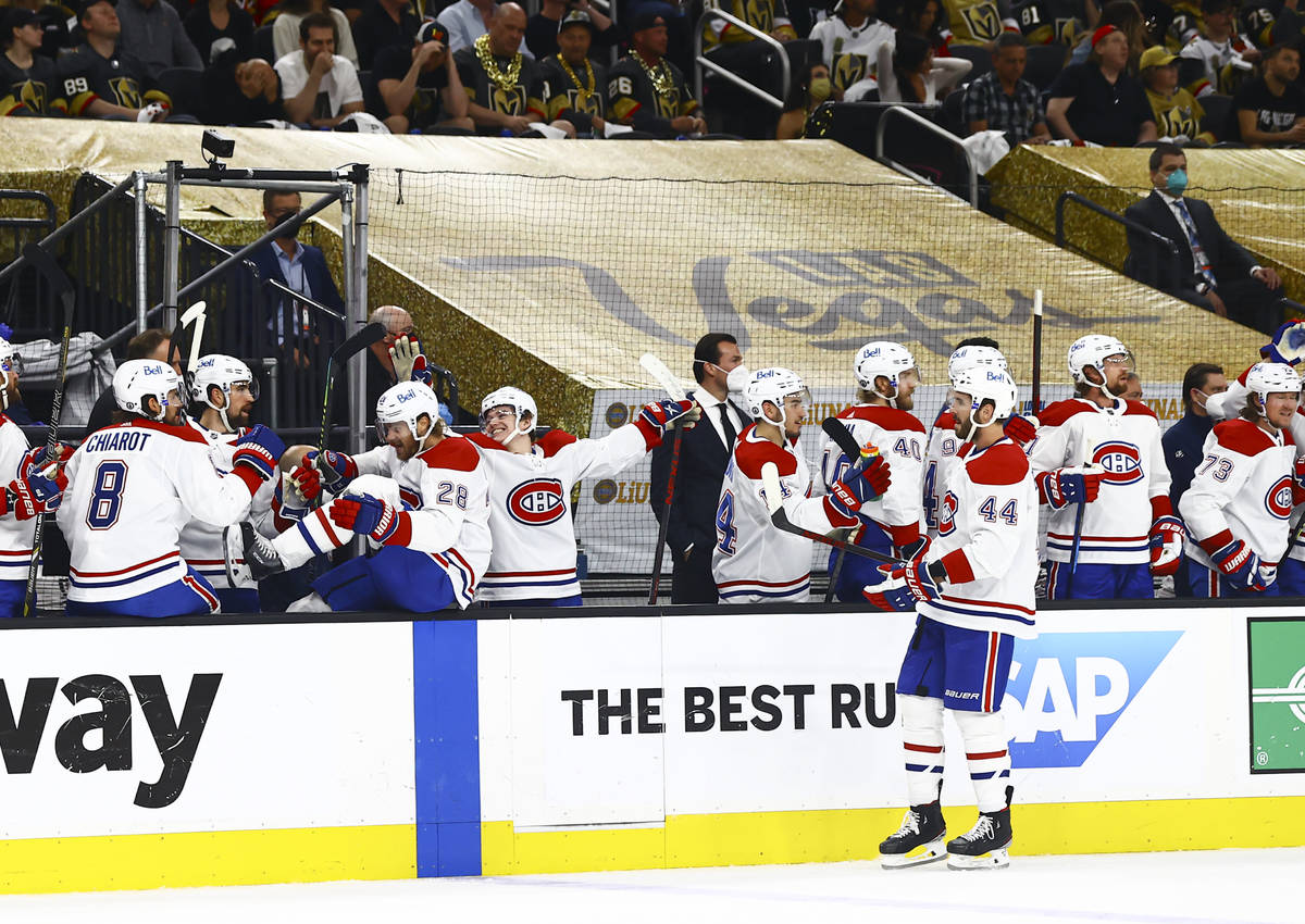 The Montreal Canadiens celebrate after a goal against the Golden Knights during the first perio ...