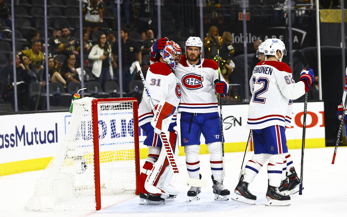 Montreal Canadiens goaltender Carey Price (31) celebrates the team’s 4-1 victory over th ...