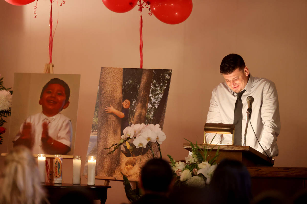 Nicholas Husted speaks during a funeral service for his son, Liam Husted, in Santa Clara, Calif ...