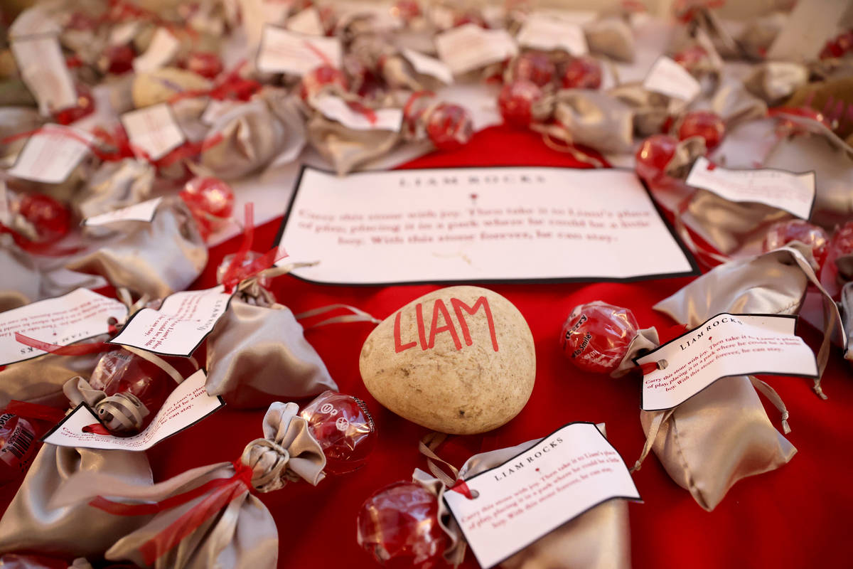 Rocks in memory of Liam Husted during a funeral in Santa Clara, Calif. Friday, June 25, 2021. T ...