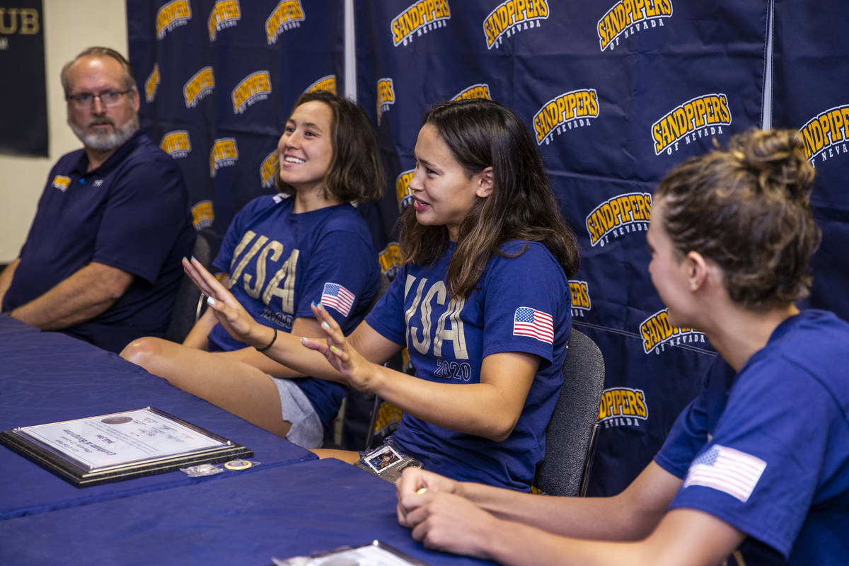 (From left) Sandpipers of Nevada coach Ron Aitken looks on during a press conference with Olymp ...