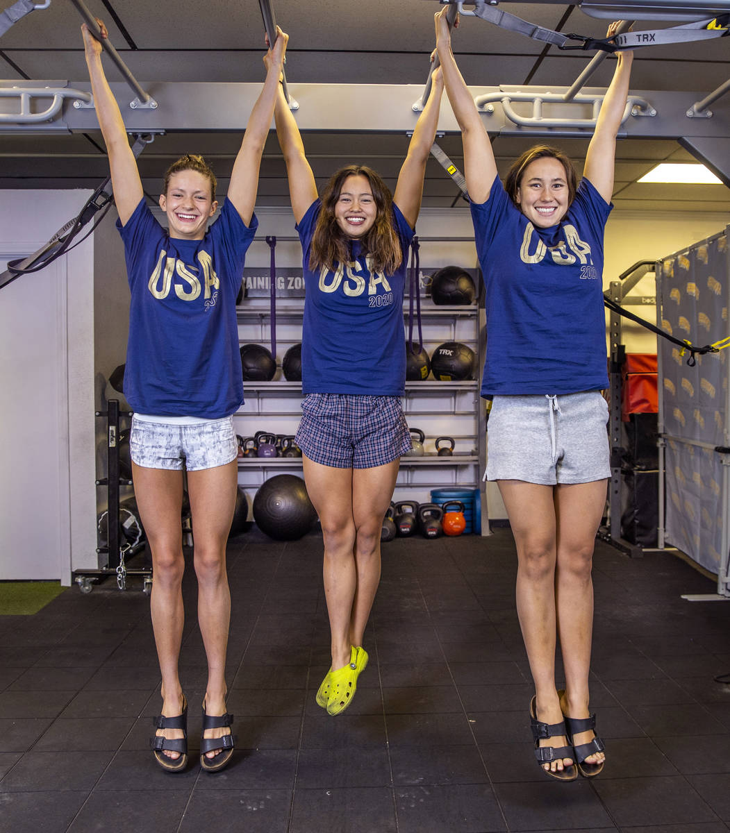 Sandpipers of Nevada Olympic swim team members Katie Grimes, Bella Sims and Erica Sullivan with ...