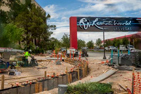 Resorts World Las Vegas construction continues near the entrance on Wednesday, June 9, 2021, in ...