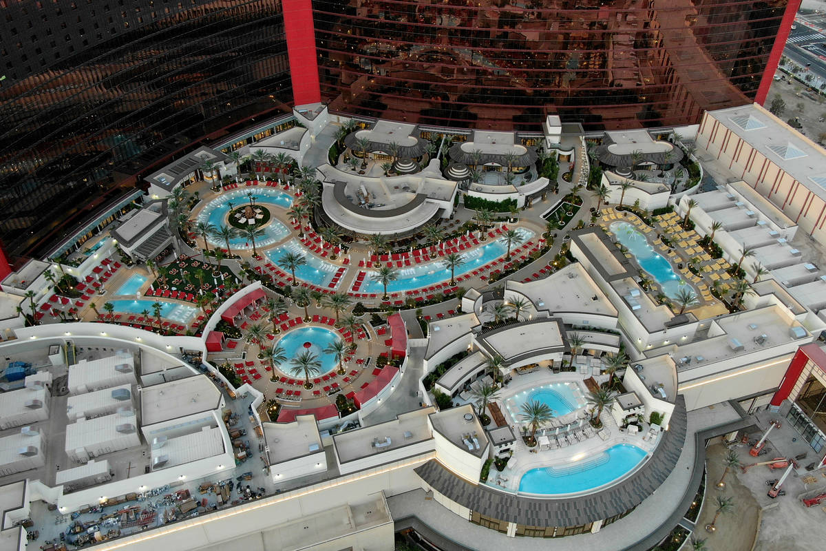 An aerial photo of the pool area at Resorts World Las Vegas on the former site of the Stardust ...