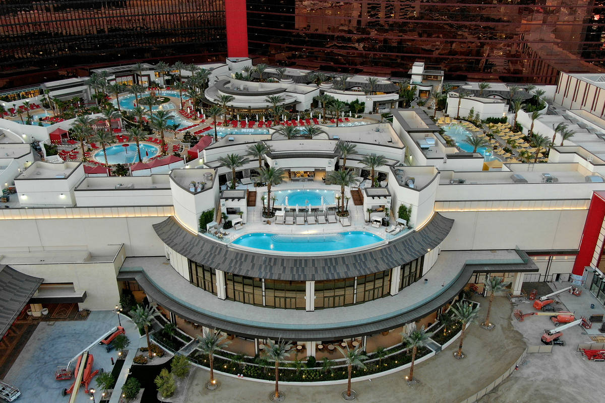 An aerial photo of the pool area at Resorts World Las Vegas on the former site of the Stardust ...