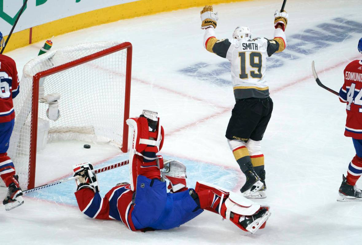Vegas Golden Knights' Reilly Smith (19) celebrates his goal past Montreal Canadiens goaltender ...