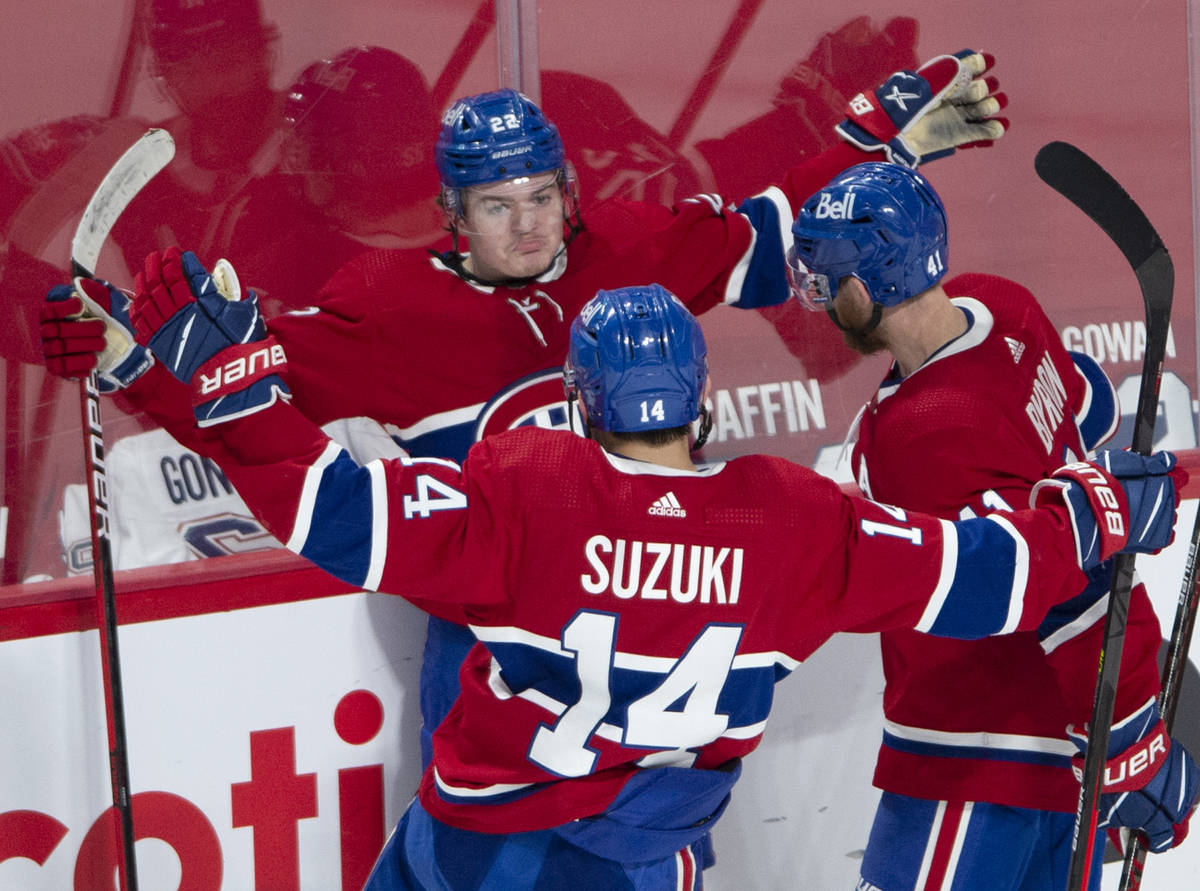 Montreal Canadiens right wing Cole Caufield (22) celebrates his goal against the Vegas Golden K ...