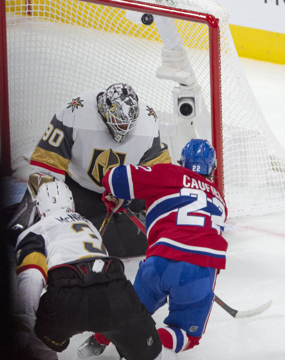 Montreal Canadiens' Cole Caufield (22) scores on Vegas Golden Knights goaltender Robin Lehner ( ...