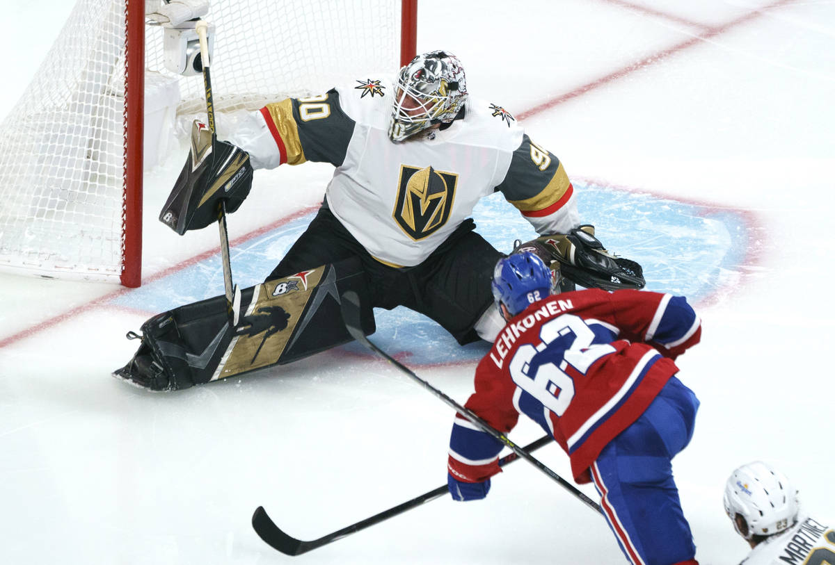 Montreal Canadiens' Artturi Lehkonen (62) scores the game-winning goal past Vegas Golden Knight ...