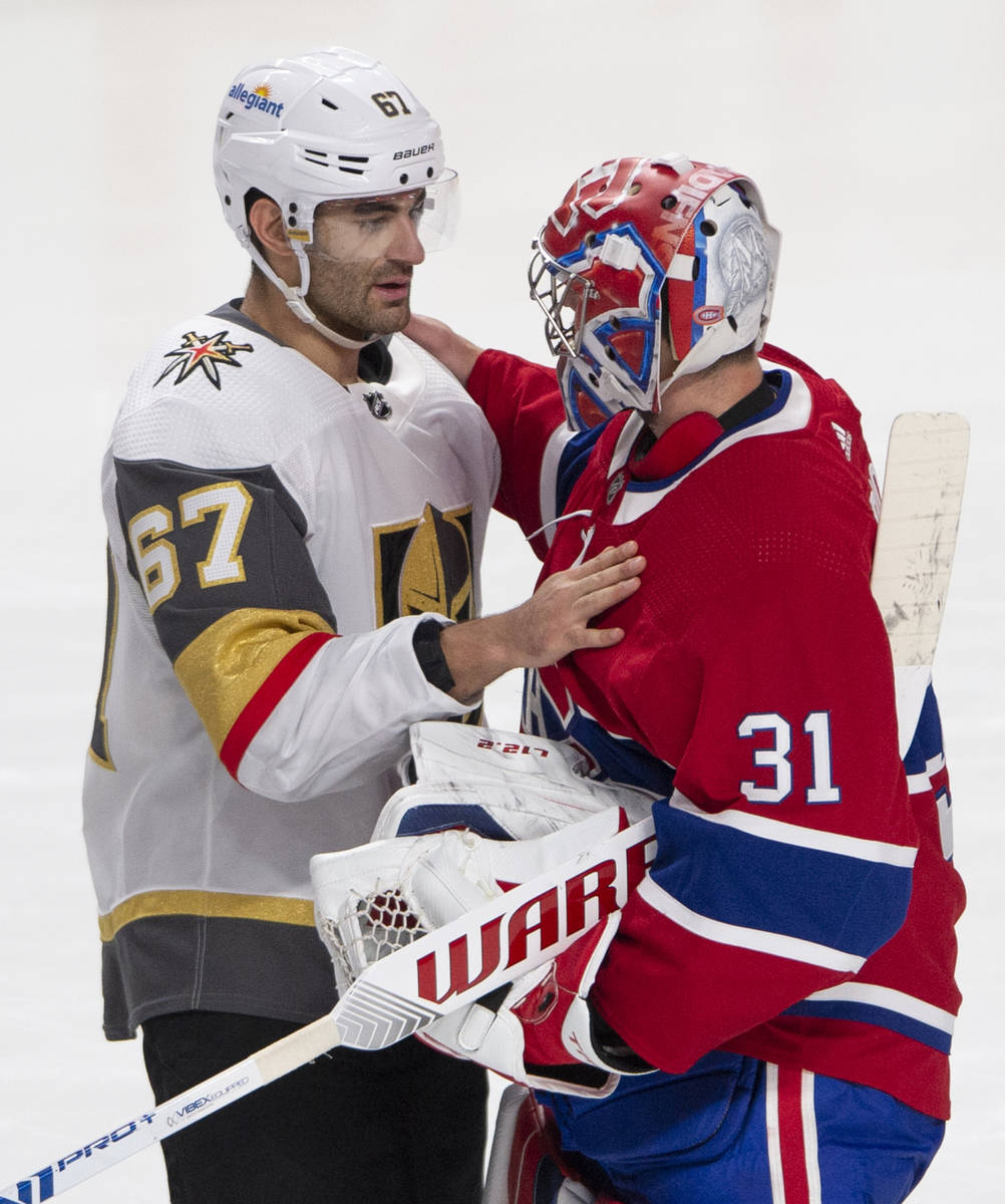 Vegas Golden Knights left wing Max Pacioretty (67) congratulates Montreal Canadiens goaltender ...