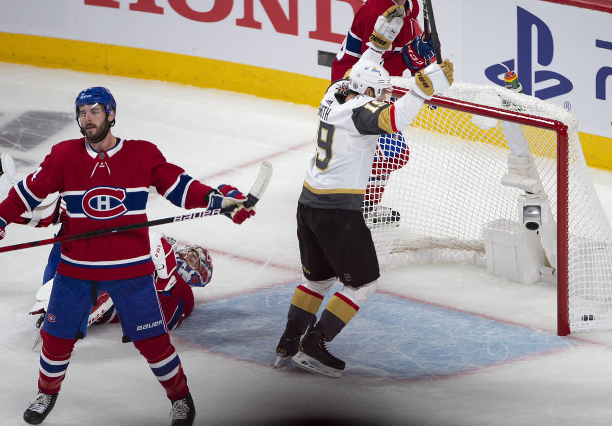 Vegas Golden Knights right wing Reilly Smith (19) celebrates after scoring on Montreal Canadien ...