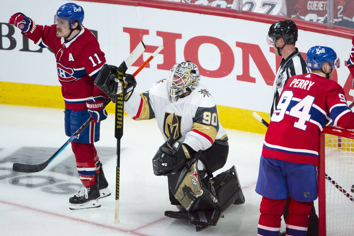 Vegas Golden Knights goaltender Robin Lehner (90) watches as Montreal Canadiens right wing Bren ...