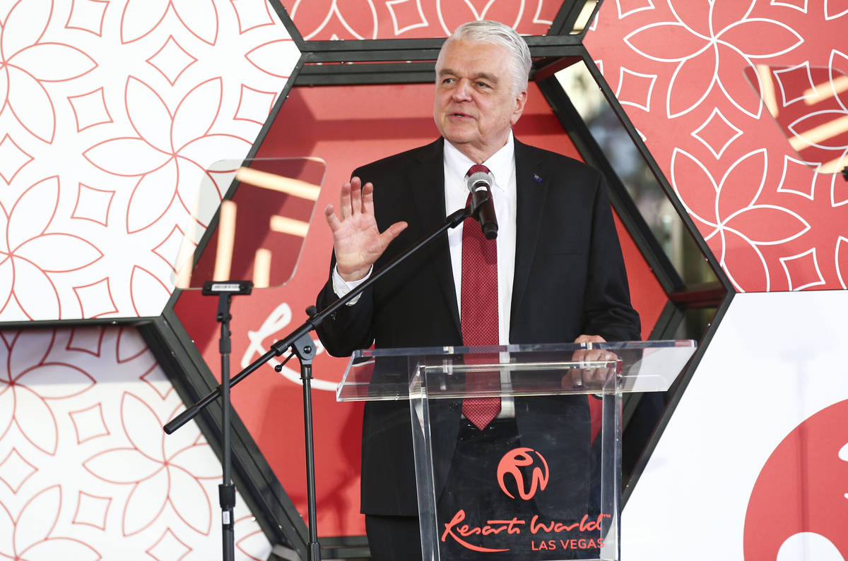 Gov. Steve Sisolak speaks during a ribbon-cutting ceremony to mark the opening of Resorts World ...