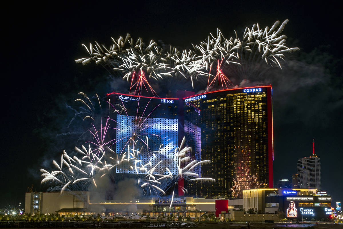 Resorts World Las Vegas grand opening fireworks show from Maggiano's Little Italy at Fashion Sh ...