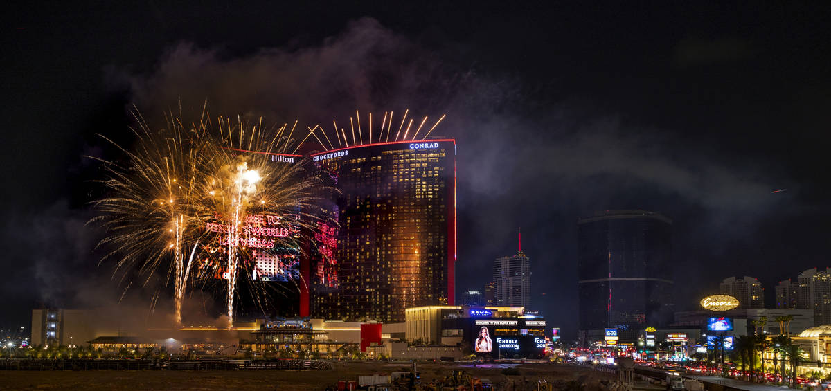 Resorts World Las Vegas grand opening fireworks show from Maggiano's Little Italy at Fashion Sh ...