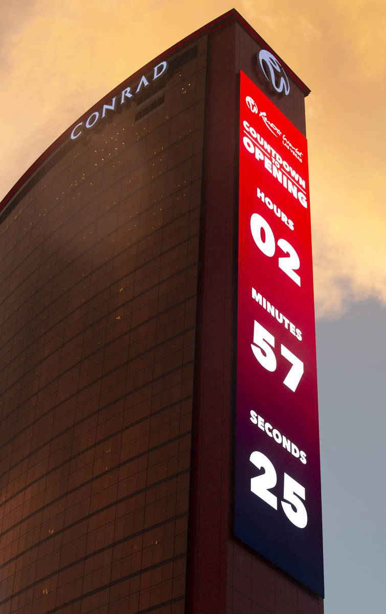 The countdown to opening is on the marquee outside Resorts World Las Vegas on Thursday, June 24 ...