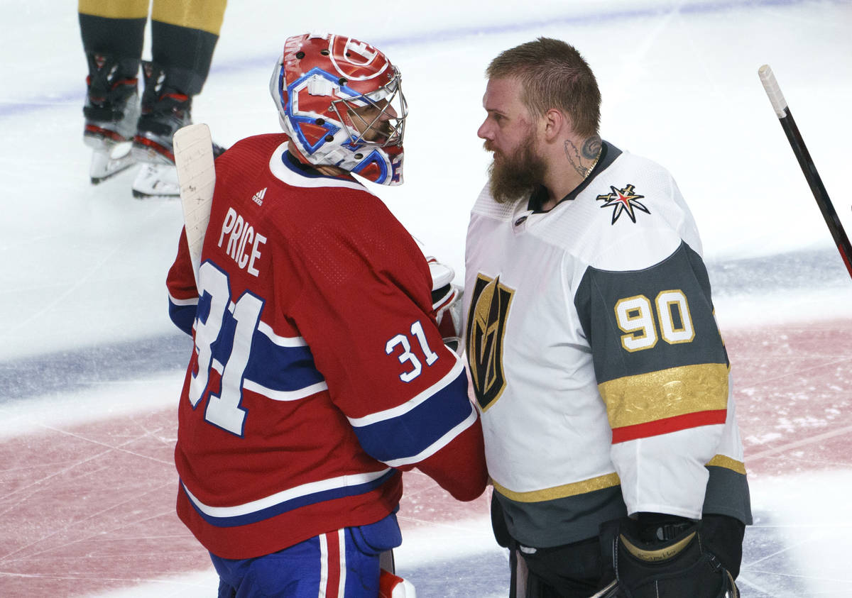 Vegas Golden Knights' Robin Lehner (90) congratulates his Montreal Canadiens counterpart Carey ...