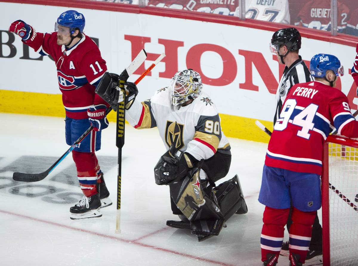 Vegas Golden Knights goaltender Robin Lehner (90) watches as Montreal Canadiens right wing Bren ...