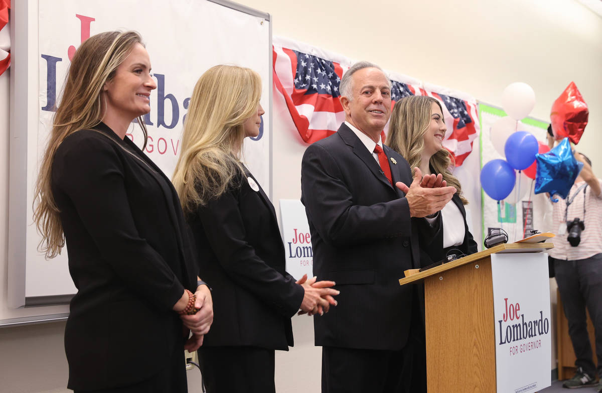 Clark County Sheriff Joe Lombardo announces his candidacy for governor of Nevada, with, from le ...
