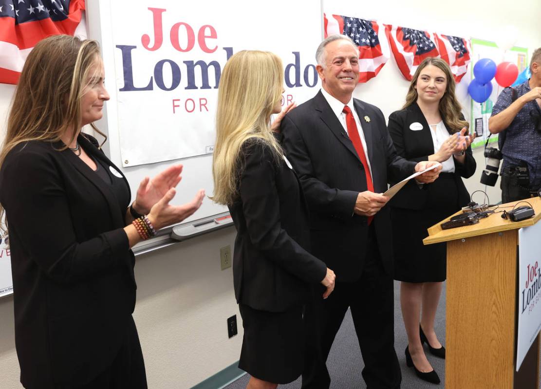 Clark County Sheriff Joe Lombardo announces his candidacy for governor of Nevada, with, from le ...