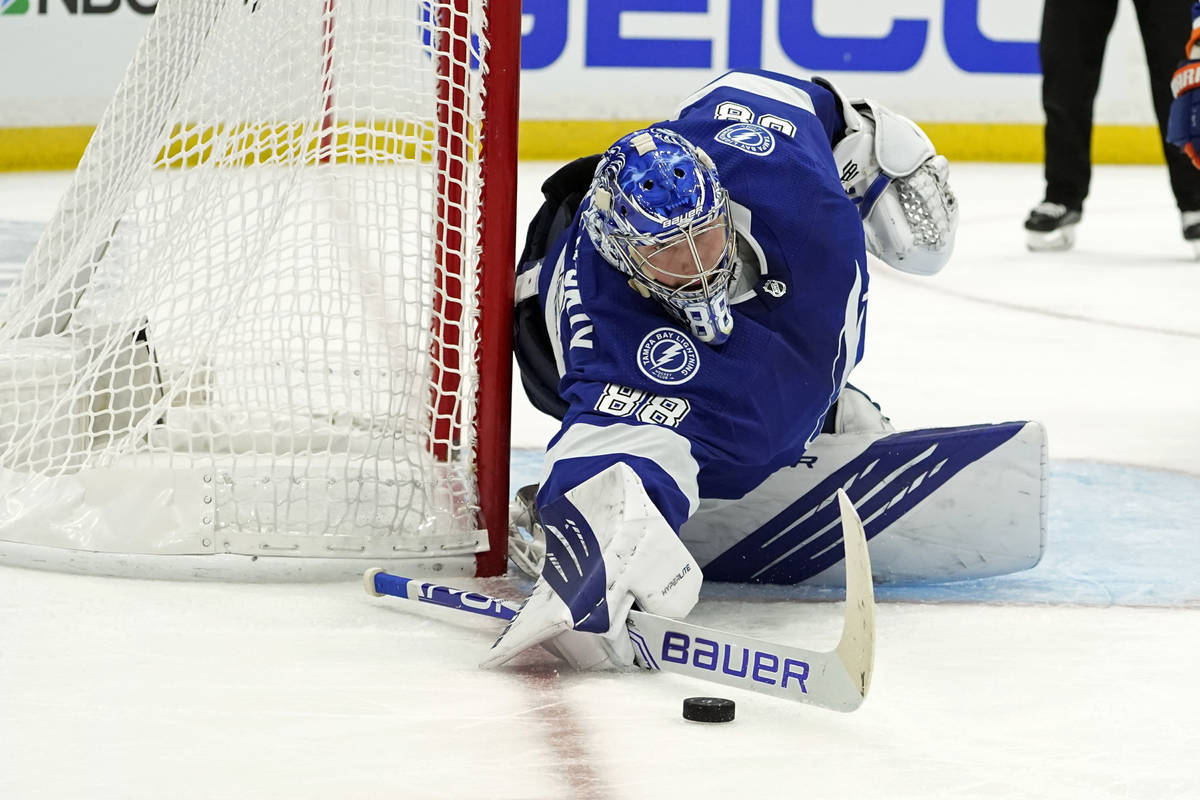 Tampa Bay Lightning goaltender Andrei Vasilevskiy makes a save on a shot by the New York Island ...