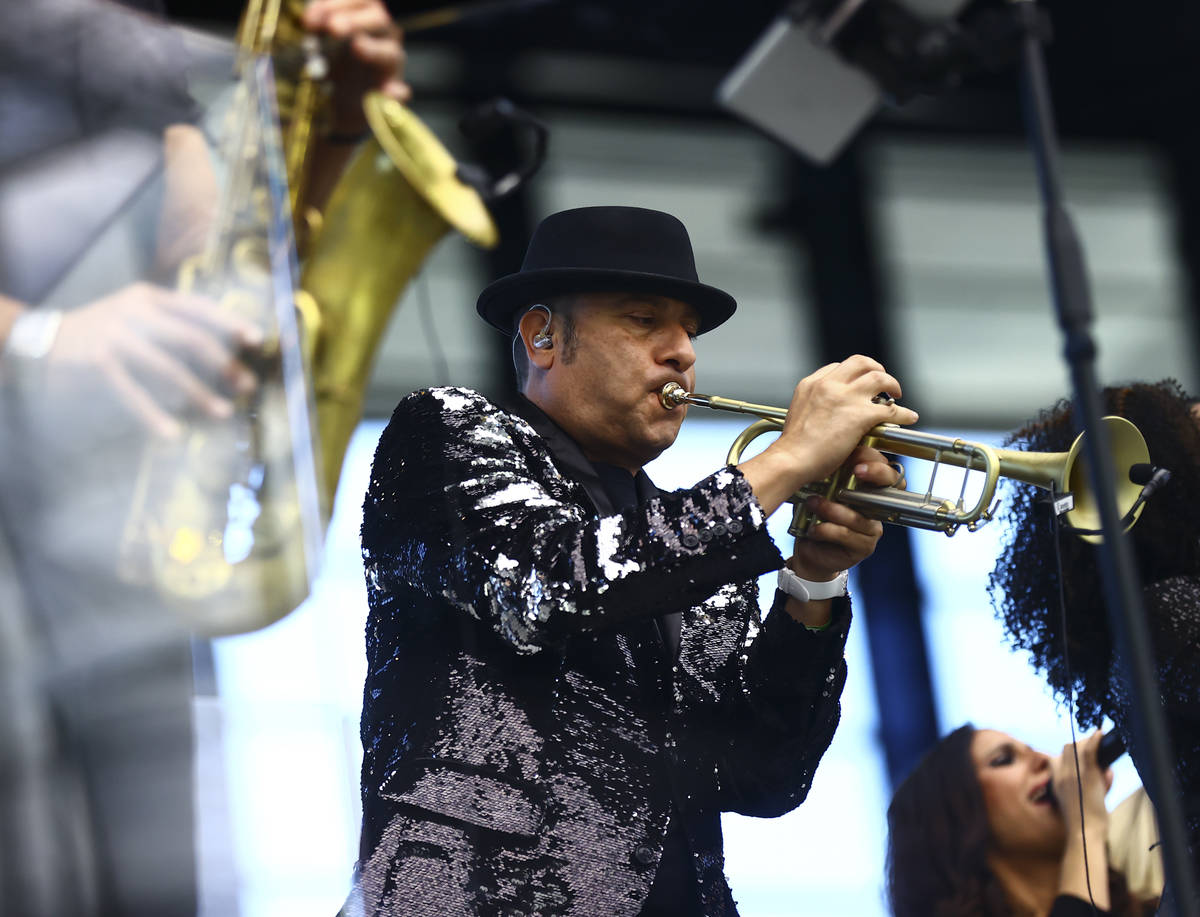 David Perrico leads his Pop Strings Orchestra at Allegiant Stadium in Las Vegas on Monday, June ...
